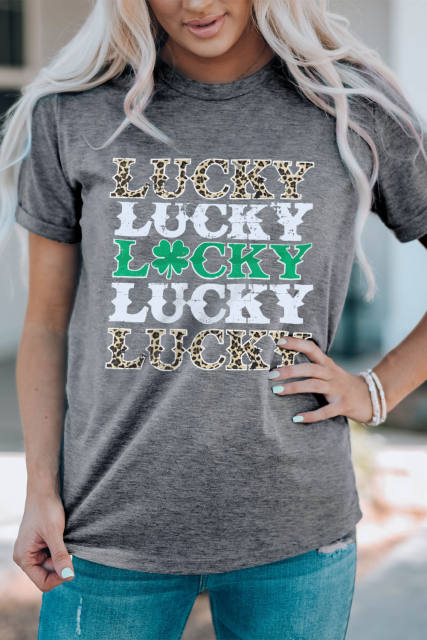 Gray LUCKY Clover Leopard Print Crewneck T Shirt