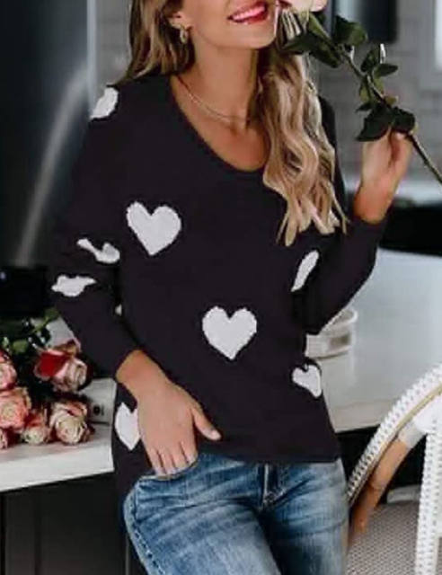 Black V Neck Heart Graphic Knit Sweater