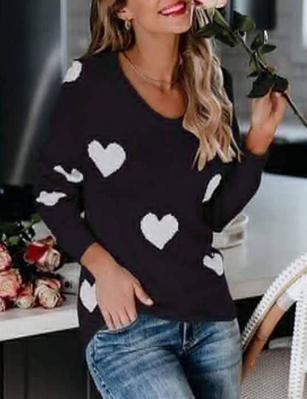 Black V Neck Heart Graphic Knit Sweater
