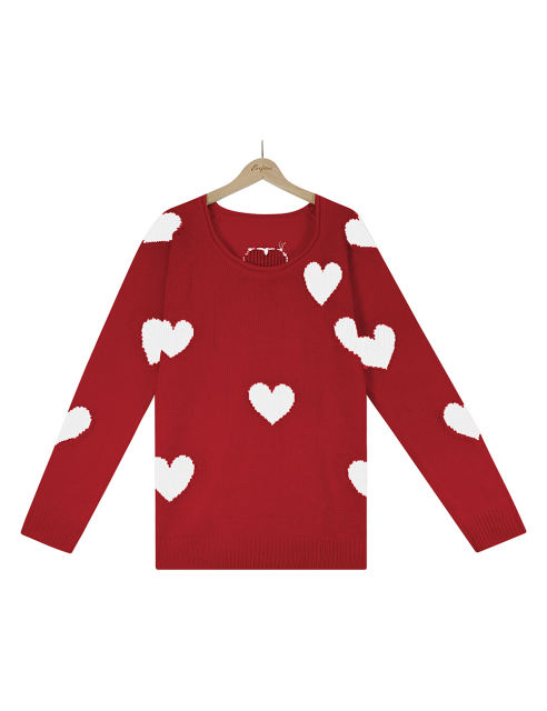 Red V Neck Heart Graphic Knit Sweater