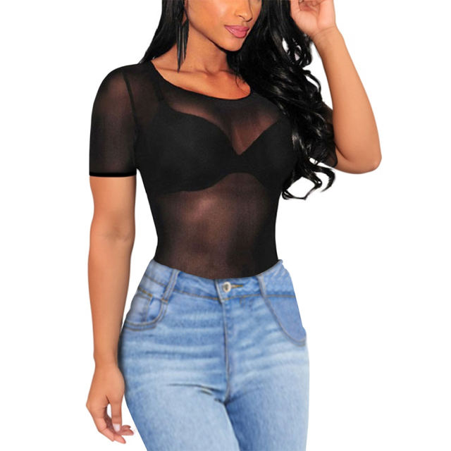 Black O Neck Sheer Mesh Short Sleeve Tops
