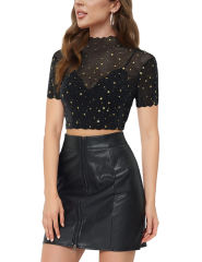 Gold Stars Print Sheer Mesh Short Sleeve Crop Tops