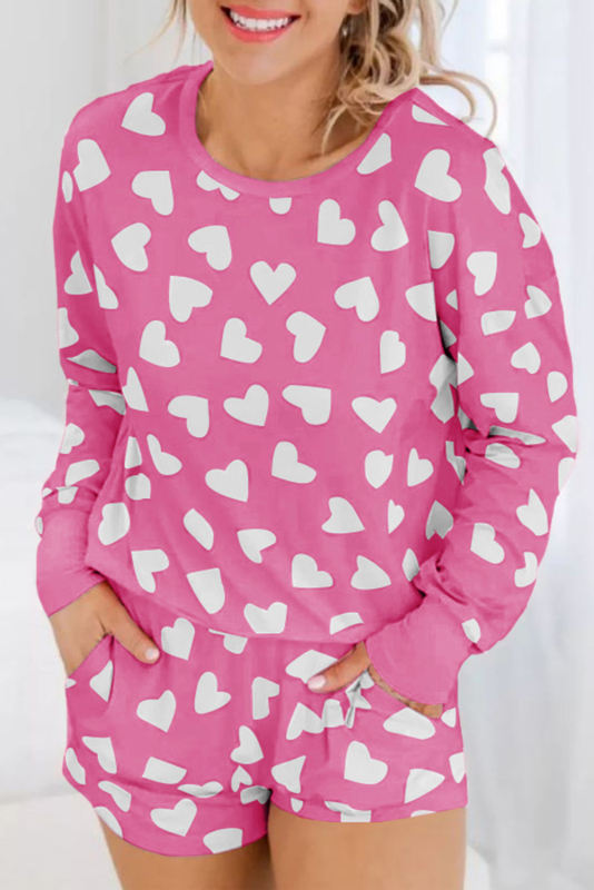 Pink Valentine Heart Shape Print Long Sleeve Top Shorts Lounge Set LC15803-P101020