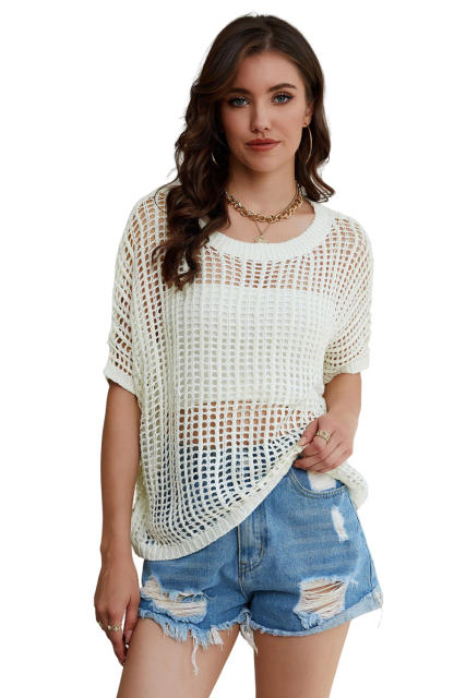 White Fishnet Knit Ribbed Round Neck Short Sleeve Sweater Tee