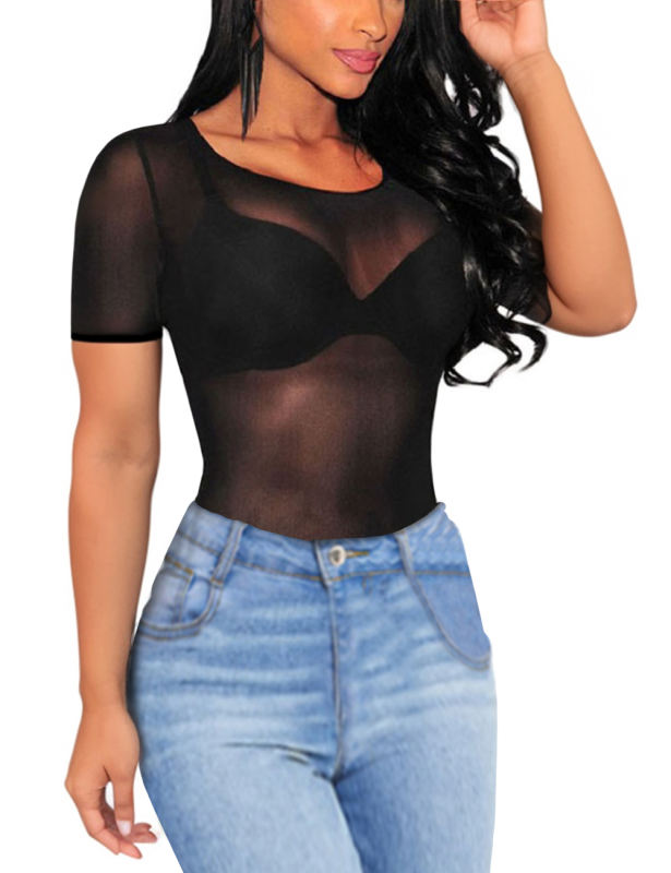 Black O Neck Sheer Mesh Short Sleeve Tops