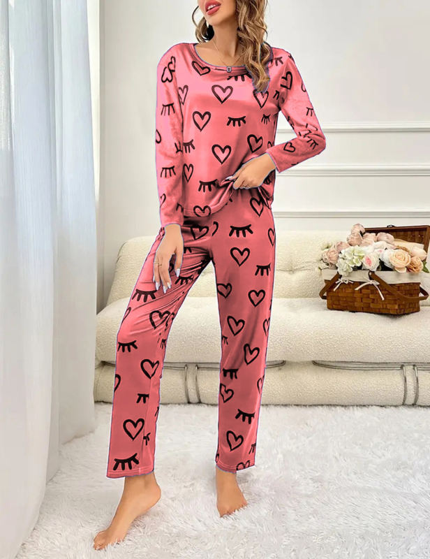 Red Heart Print Long Sleeve and Pant Lounge Set