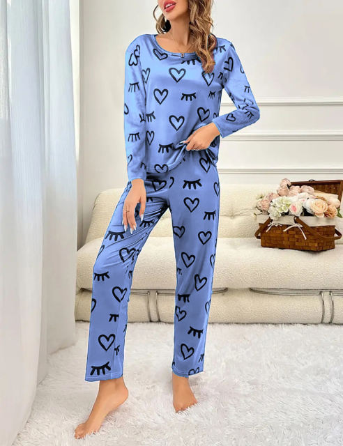 Blue Heart Print Long Sleeve and Pant Lounge Set
