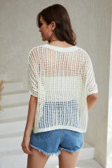 White Fishnet Knit Ribbed Round Neck Short Sleeve Sweater Tee