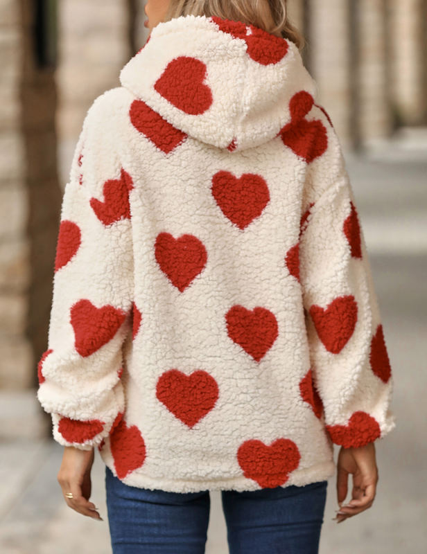 Red Heart Print Pocket Fleece Pullover Sweatshirt