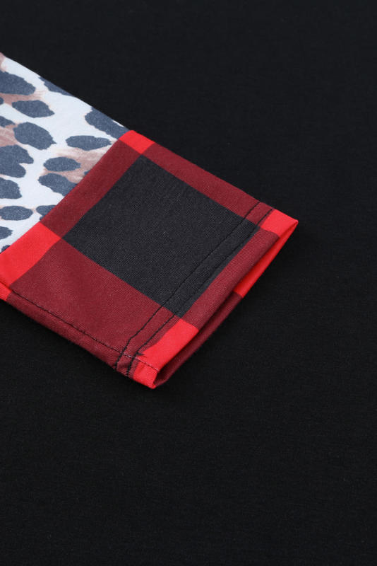 Black Off Shoulder Plaid&amp;Leopard Print Long Sleeve Top