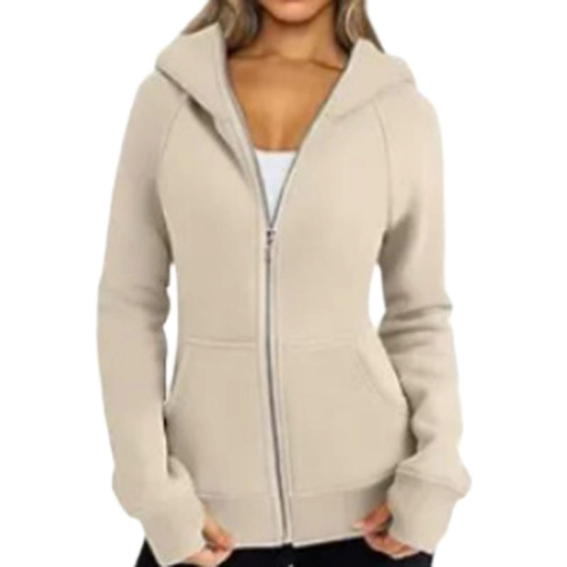 Apricot Solid Color Thick Full Zip Pocket Hoodie