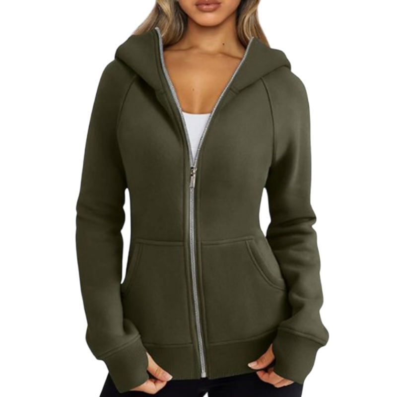 Army Green Solid Color Thick Full Zip Pocket Hoodie