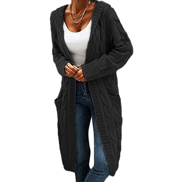 Black Open Front Cable Knit Cardigan with Pocket