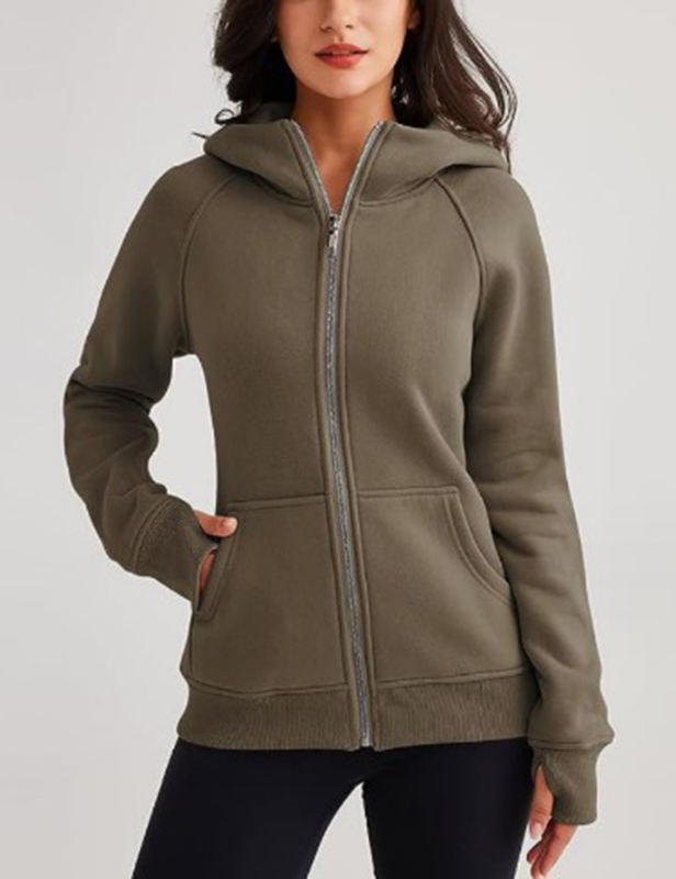 Coffee Solid Color Thick Full Zip Pocket Hoodie