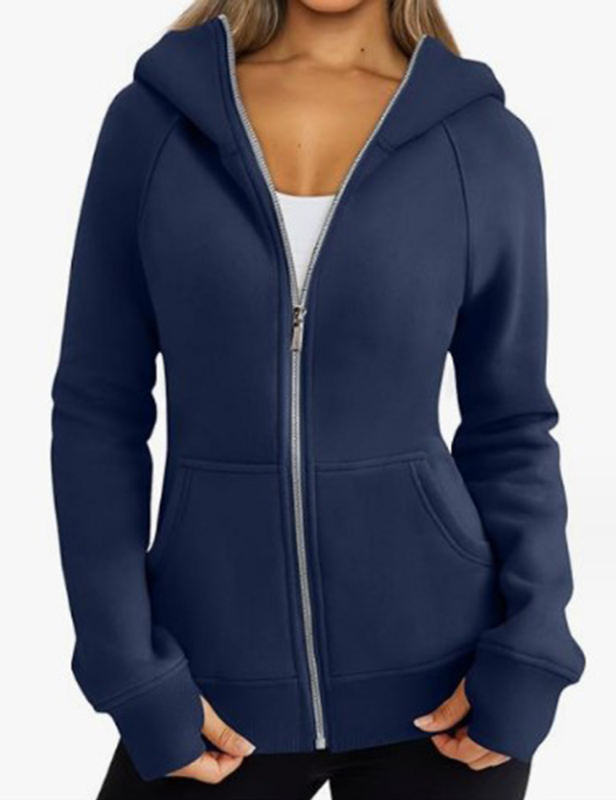 Navy Blue Solid Color Thick Full Zip Pocket Hoodie