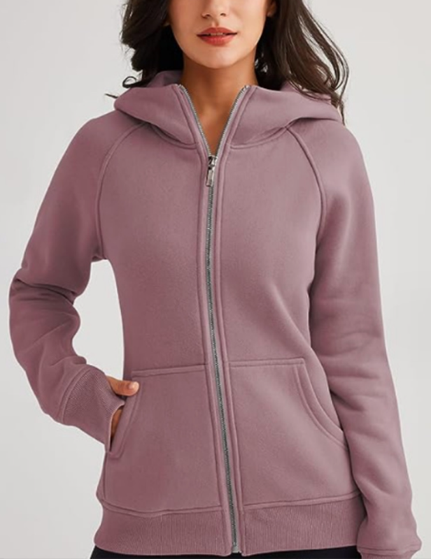Pink Solid Color Thick Full Zip Pocket Hoodie