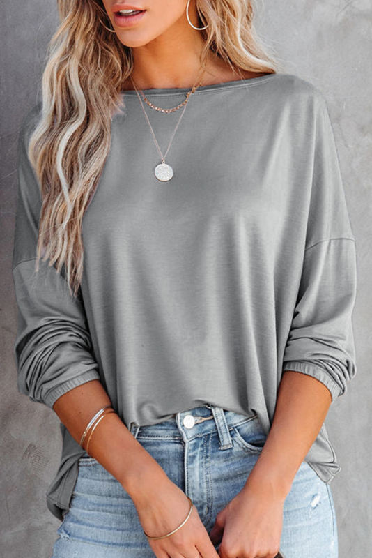 Gray Loose Fit Wide Neck Batwing Sleeves Top