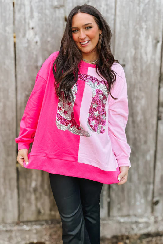 Pink Color Block Sequined Cowgirl Boots Graphic Sweatshirt