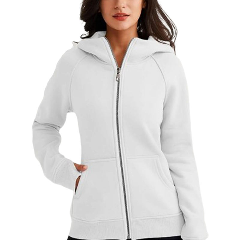 White Solid Color Thick Full Zip Pocket Hoodie