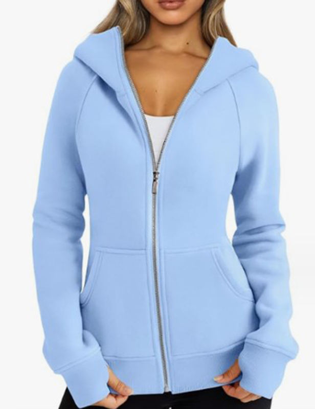 Blue Solid Color Thick Full Zip Pocket Hoodie