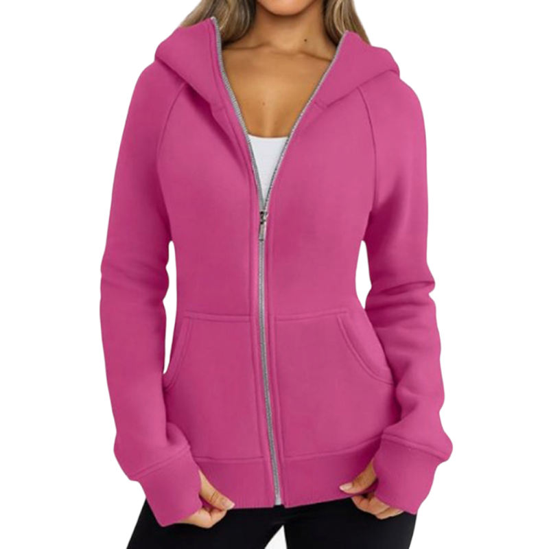 Rose Solid Color Thick Full Zip Pocket Hoodie