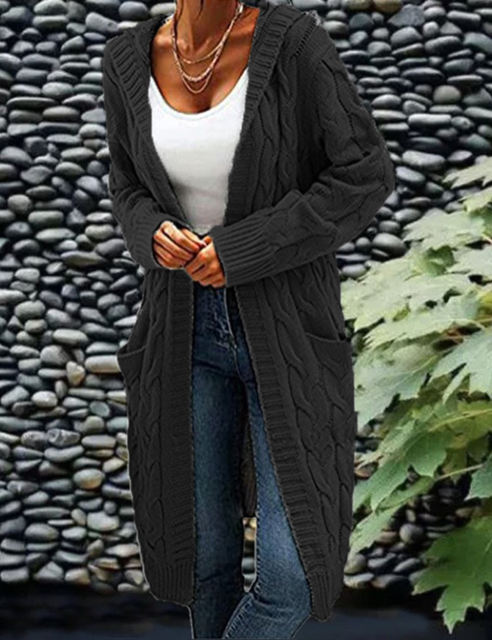Black Open Front Cable Knit Cardigan with Pocket