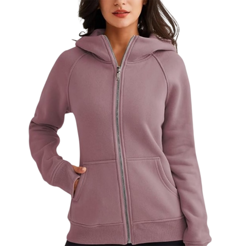 Pink Solid Color Thick Full Zip Pocket Hoodie