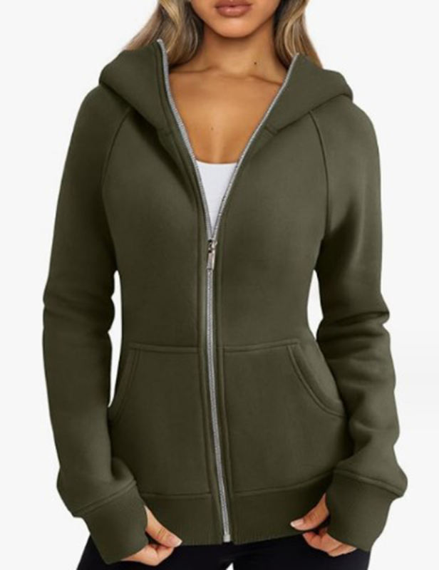 Army Green Solid Color Thick Full Zip Pocket Hoodie