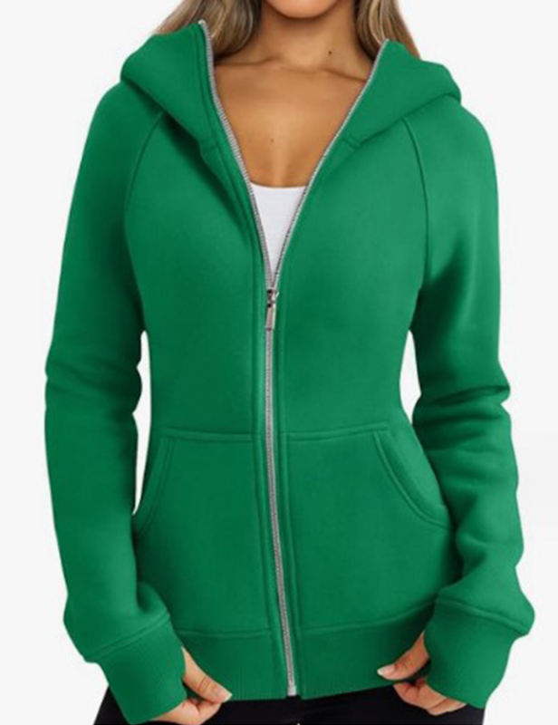 Green Solid Color Thick Full Zip Pocket Hoodie