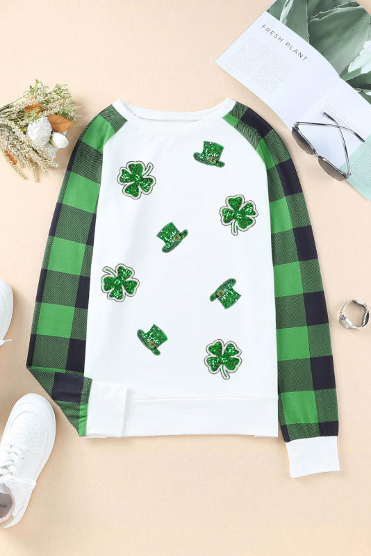 Green Sequin St Patrick Graphic Contrast Plaid Sleeve Sweatshirt