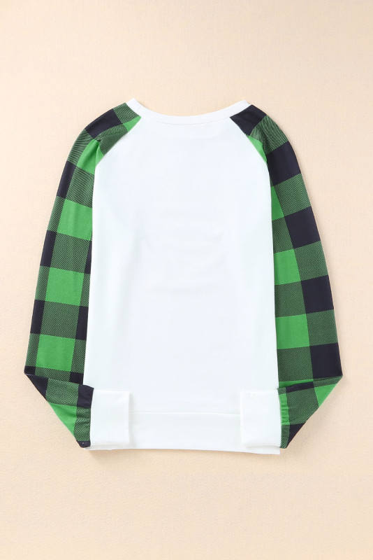 Green Sequin St Patrick Graphic Contrast Plaid Sleeve Sweatshirt