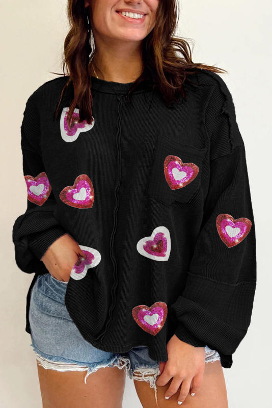 Black Plus Size Sequin Heart Patch Crinkle Patchwork Top