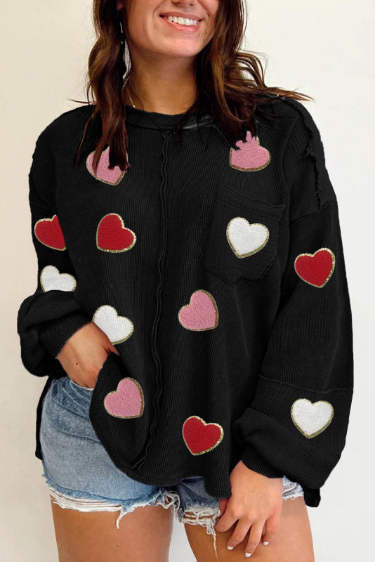 Black Shiny Chenille Heart Graphic Patched Corded Plus Size Top