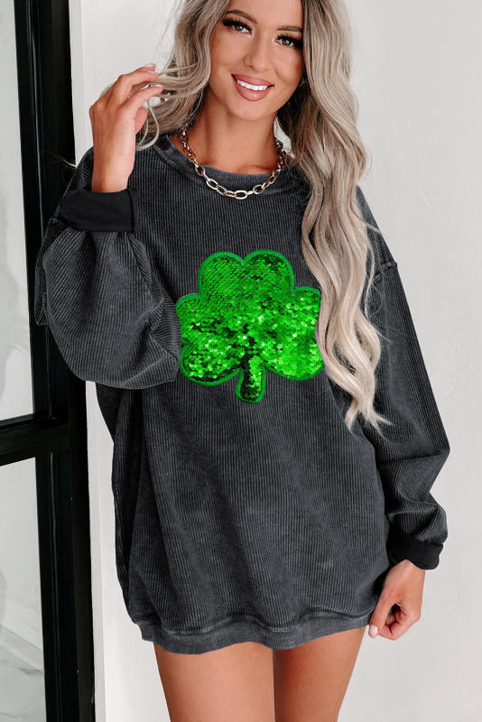 Black Sequin Embroidered Clover Corded Sweatshirt