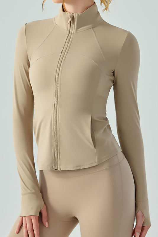 Apricot Solid Zipper Stand Neck Yoga Jacket