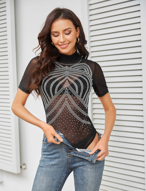 Black Cat Ears Shape Rhinestones Short Sleeve Bodysuit