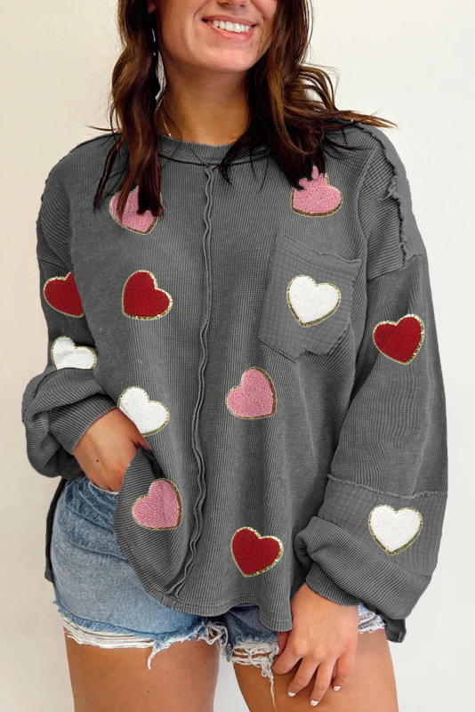 Dark Grey Shiny Chenille Heart Graphic Patched Corded Plus Size Top