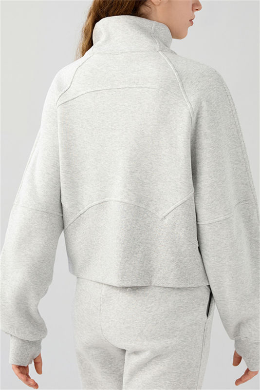 Light Grey Half Zip Funnel Neck Piping Trim Sporty Sweatshirt