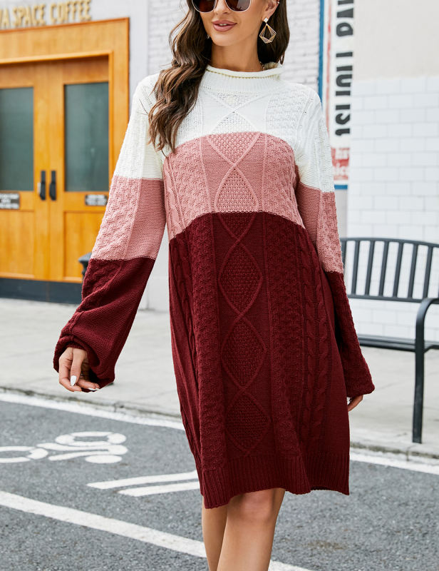 Wine Red Color Block Long Sleeve Sweater Dress