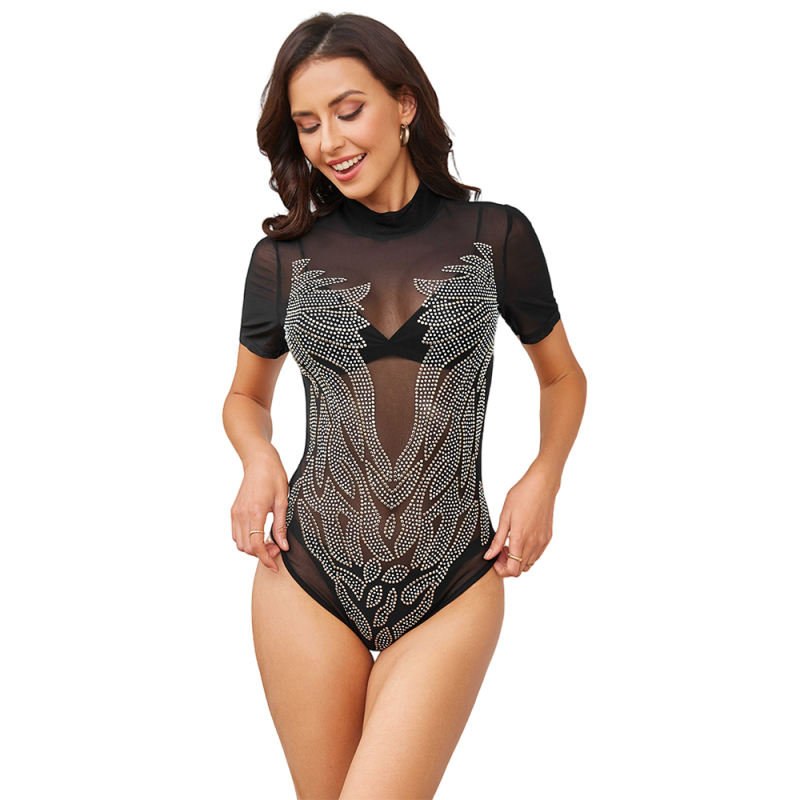 Black Leaf Shape Rhinestones Short Sleeve Bodysuit