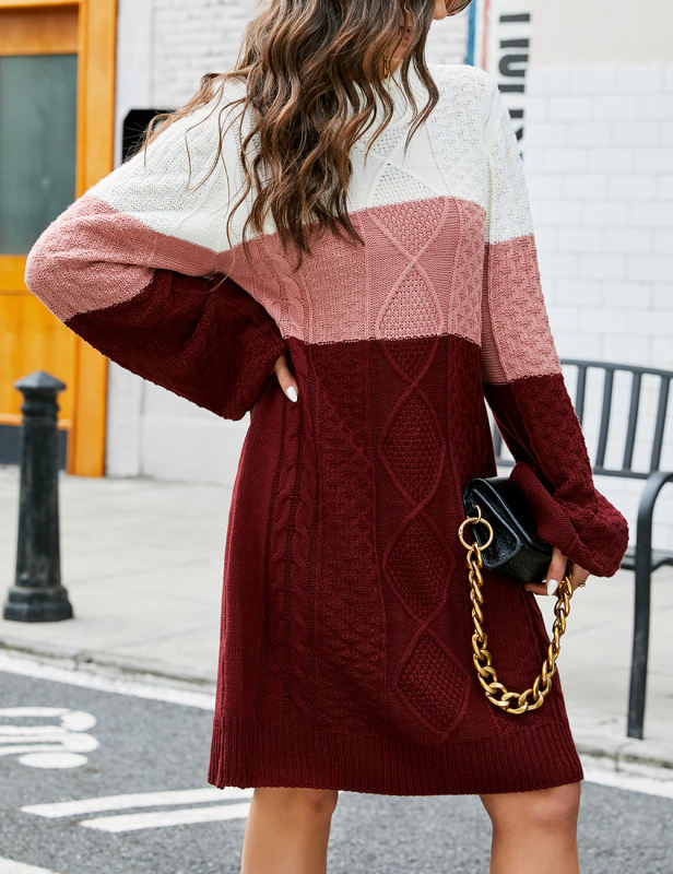 Wine Red Color Block Long Sleeve Sweater Dress