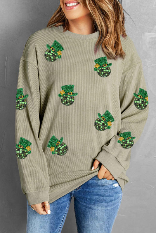 Green Sequin St Patrick Disco Ball Patch Corded Sweatshirt