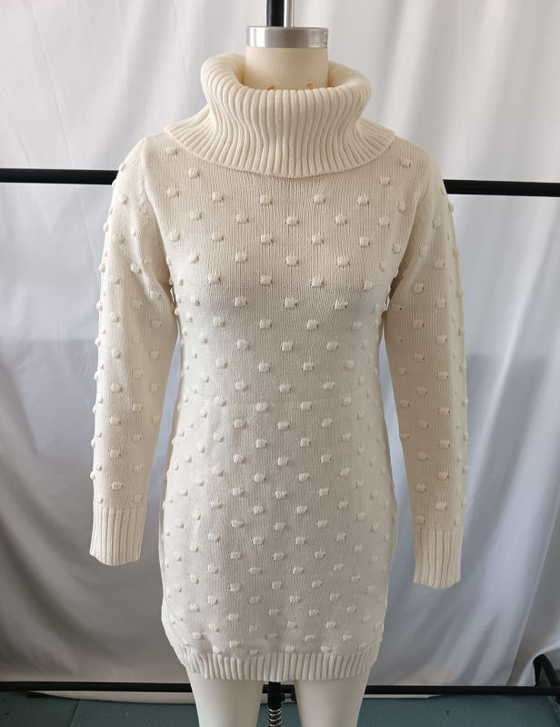 White Swiss Dot Turtleneck Knit Sweater Dress