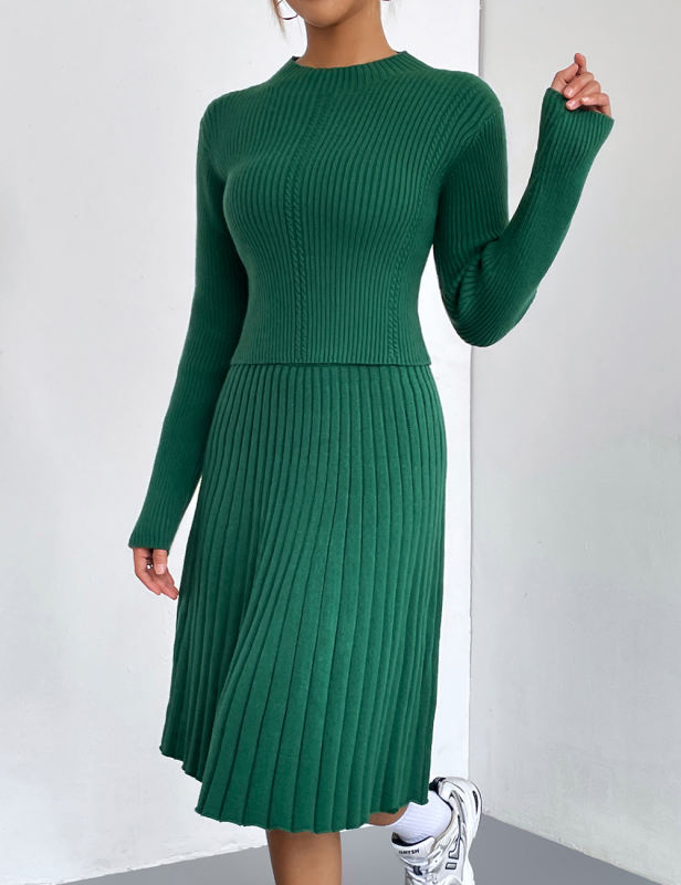 Green Knitted Sweater and A-line Skirt Set