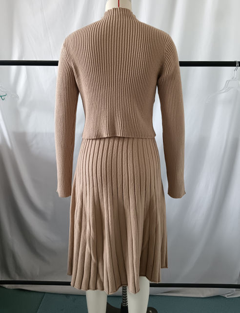 Khaki Knitted Sweater and A-line Skirt Set
