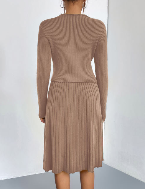 Khaki Knitted Sweater and A-line Skirt Set