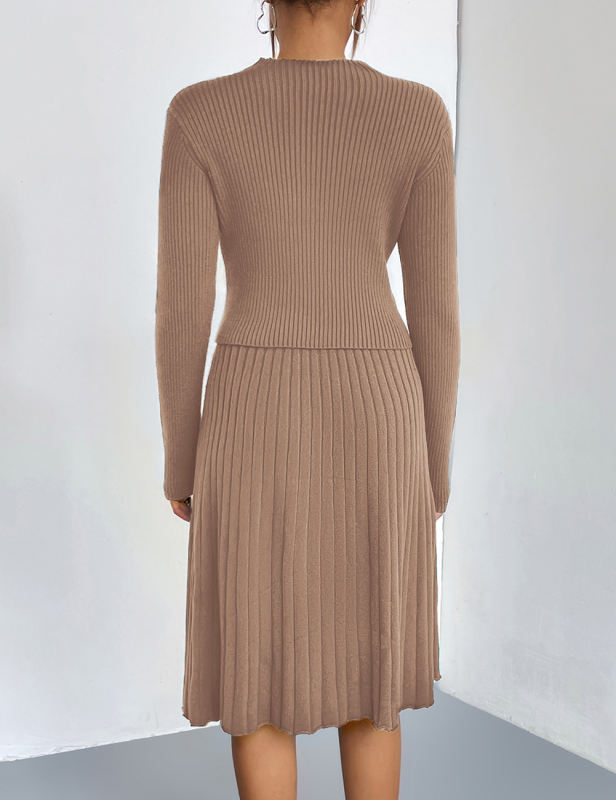Khaki Knitted Sweater and A-line Skirt Set