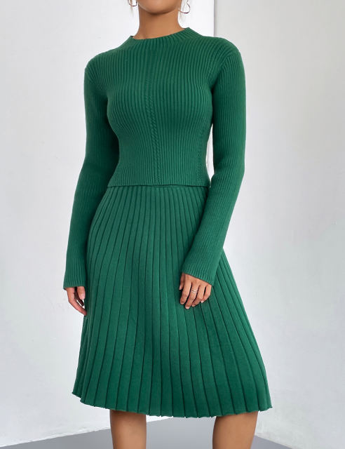 Green Knitted Sweater and A-line Skirt Set