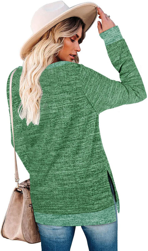 Green Splicing Side Slits Cotton Blend Long Sleeve Tops