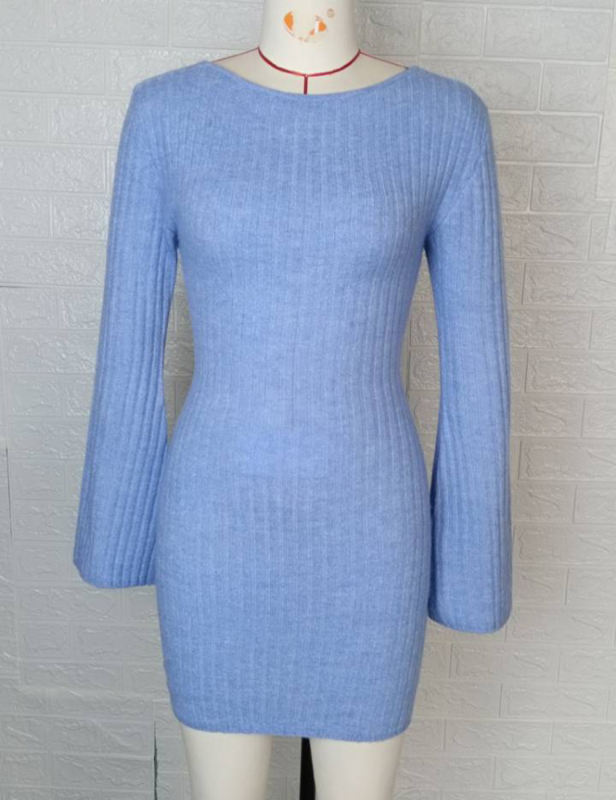 Blue Open Back Sim Fit Bell Sleeve Bodycon Dress